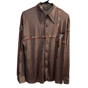 Vtg Mens 60s 70s Chemise Et Cie Shirt Brown Polyester Disco Floral Stripe Dagger